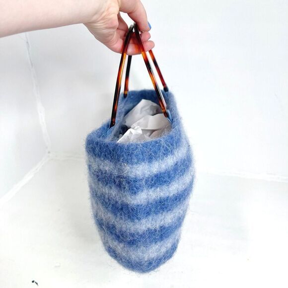 Handmade Lucite Wool Purse Blue Striped Handbag Tortoiseshell Handle y2k Felted - Picture 2 of 6